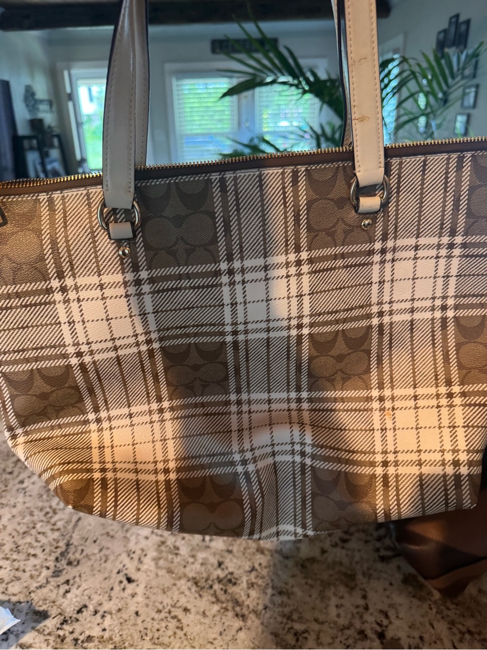 Coach Plaid Signature Tote in Brown and Cream
